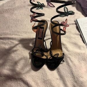 Wild Diva Black Heels with Multicolor Butterfly Details